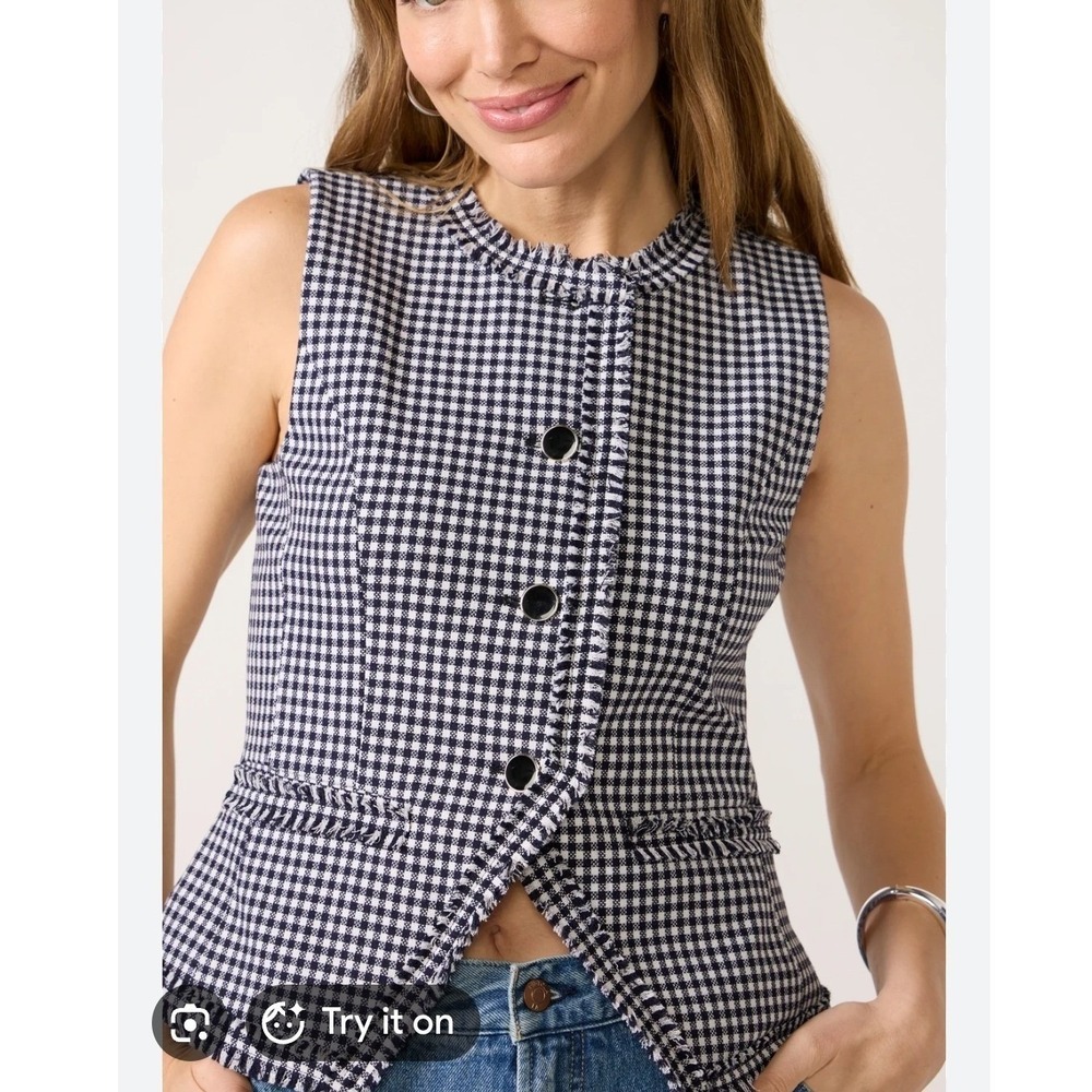 Avec Les Filles Navy White Gingham Tweed Vest Fringed Button Front Size S 84572